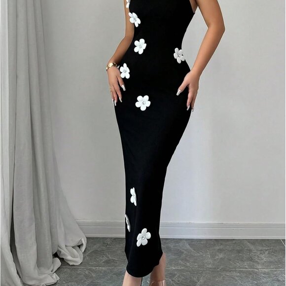 Women's Knit Bodycon Maxi Dress Sleeveless Floral Rhinestone Elegant - Picture 4 of 6